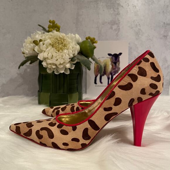 Martinez Valero Leather Calf Hair Leopard Multi Tone Heels Pumps Camel Red 5.5 - Picture 14 of 15